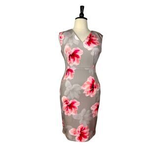 Calvin Klein New Sheath Dress V-neck Scuba Taupe Pink Floral Women’s Size 14